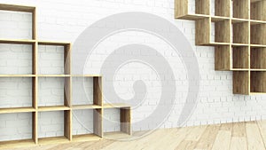 Realistic wooden shelves brick wall for decoration design. Store display. 3d render vintage pattern. Vintage texture