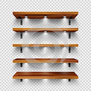 Realistic wooden store shelves with wall mount and lighting, spotlights. Empty product shelf, grocery wall rack. Mall
