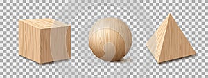 Realistic wooden textured cube,ball,pyramid 3d style