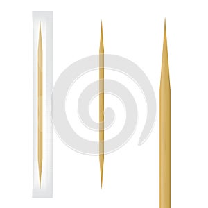 Realistic wooden toothpick in transparent individual package. Vector illustration.