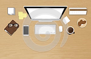 Realistic work desk organization top view with textured table