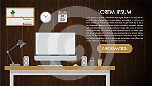 Realistic workplace desktop on wooden background wall. Work desk for office with stationery elements on the table. The web banner