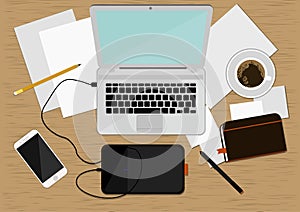 Realistic Workplace Organization. Top View. photo