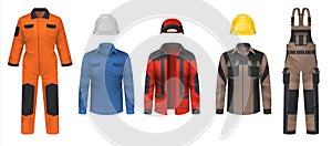 Realistic workwear. Overall uniform clothes. Jacket and helmet. Comfortable protective coveralls. Plumber and mechanic