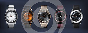 Realistic wrist watches. 3D classic and modern business watches with chronograph metal and leather bracelet and