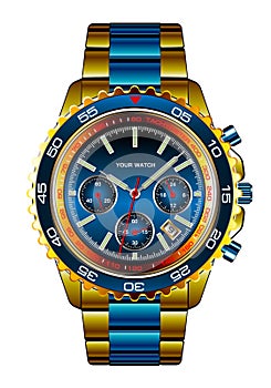 Realistic wristwatch chronograph gold blue metallic design for men luxury on white background vector