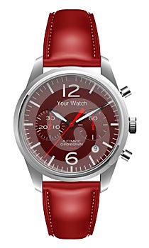 Realistic wristwatch chronograph silver red leather red arrow on white background design luxury vector