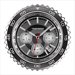 Realistic wristwatch face black steel chronograph luxury for men on white background vector