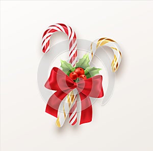 Realistic Xmas candy cane with red bow and a sprig of Christmas holly isolated on white backdrop. Vector illustration