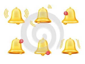 Realistic yellow bell. 3d element notification, alert icon. Alarm reminder, social media notice render, mobile phone