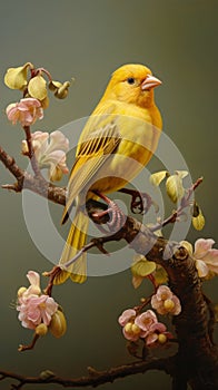 Realistic Yellow Bird On Branch With Pink Flowers