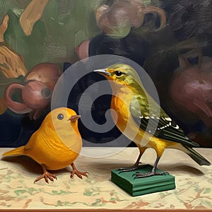 Realistic Yellow Birds In Front Of Painting With Toy Frog