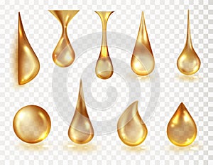 Realistic yellow drops translucent isolated on transparent background. Vector liquid gold drips of cosmetic, oil, gel
