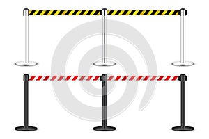 Realistic yellow and red retractable belt stanchion. Crowd control barrier posts with caution strap. Queue lines