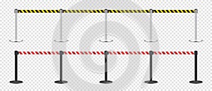 Realistic yellow and red retractable belt stanchion. Crowd control barrier posts with caution strap. Queue lines