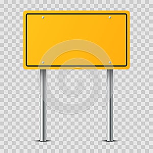 Realistic yellow traffic sign on metal pole isolated on transparent background. Rectangular traffic road empty sign