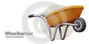 Realistic yellow wheelbarrow. Hand held device for cargo transportation