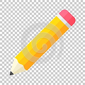Realistic yellow wooden pencil with rubber eraser icon in flat s