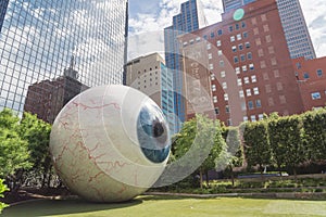 Realistically rendered fiberglass sculpture Giant Eyeball in downtown Dallas, Texas