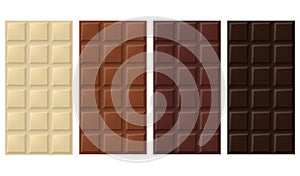 Realistik chocolate bar. Milk, dark, white chocolate bar set. Vector illustration.