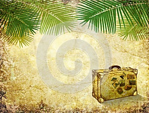 Realistik image of palm trees and a suitcase on the backdrop of the ancient wall