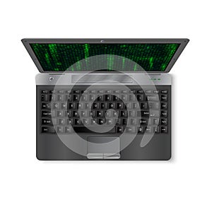 Realistik laptop with green matrix background on screen.