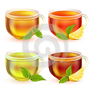 Realitic vector tea cups set. Transparent glass cup of tea with handle and tea isolated on white background. Green, black and