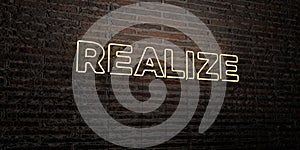 REALIZE -Realistic Neon Sign on Brick Wall background - 3D rendered royalty free stock image
