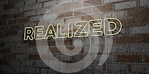 REALIZED - Glowing Neon Sign on stonework wall - 3D rendered royalty free stock illustration