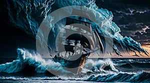 Realm of fantasy a mighty pirate ship battles against towering ocean waves amidst a tempestuous storm.