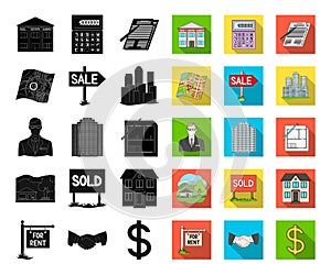 Realtor, agency black,flat icons in set collection for design. Buying and selling real estate vector symbol stock web