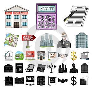 Realtor, agency cartoon, black icons in set collection for design. Buying and selling real estate vector symbol stock