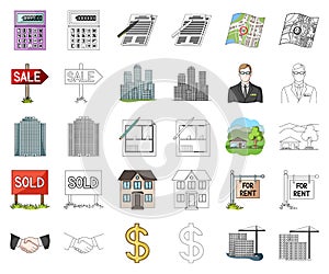 Realtor, agency cartoon,outline icons in set collection for design. Buying and selling real estate vector symbol stock