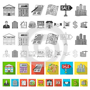 Realtor, agency flat icons in set collection for design. Buying and selling real estate vector symbol stock web