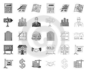 Realtor, agency mono,outline icons in set collection for design. Buying and selling real estate vector symbol stock web