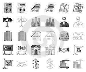 Realtor, agency monochrome,outline icons in set collection for design. Buying and selling real estate vector symbol