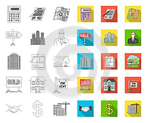 Realtor, agency outline,flat icons in set collection for design. Buying and selling real estate vector symbol stock web