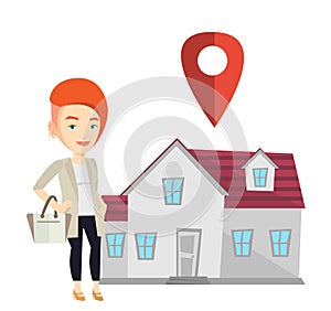 Realtor on background of house with map pointer.