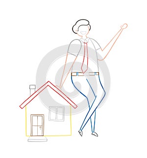 Realtor leaning on house, hand-drawn vector illustration
