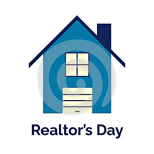 Realtor's day blue house. Cottage with garage. Country house. Dacha in the private sector. Holiday card with text.