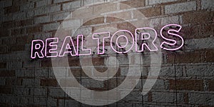 REALTORS - Glowing Neon Sign on stonework wall - 3D rendered royalty free stock illustration