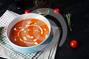 Ð¡ream soup of tomatoes and pepper. Hot tomato soup in bowl