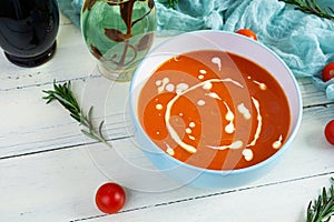 Ð¡ream soup of tomatoes and pepper. Hot tomato soup in bowl