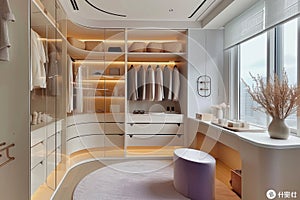 Ream style cloakroom space with large wardrobe, light purple and light bronze, organic form, soft color tones AI Generated