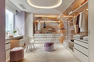 Ream style cloakroom space with large wardrobe, light purple and light bronze, organic form, soft color tones AI Generated