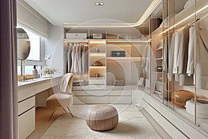 Ream style cloakroom space with large wardrobe, light purple and light bronze, organic form, soft color tones AI Generated