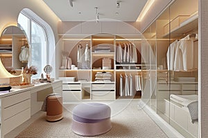 Ream style cloakroom space with large wardrobe, light purple and light bronze, organic form, soft color tones AI Generated