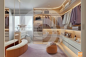 Ream style cloakroom space with large wardrobe, light purple and light bronze, organic form, soft color tones AI Generated