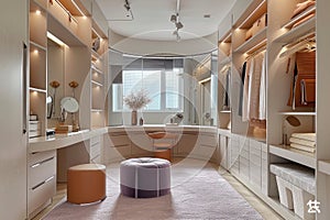 Ream style cloakroom space with large wardrobe, light purple and light bronze, organic form, soft color tones AI Generated