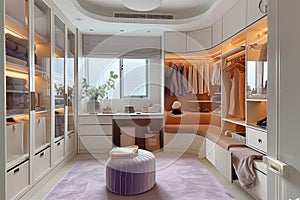 Ream style cloakroom space with large wardrobe, light purple and light bronze, organic form, soft color tones AI Generated